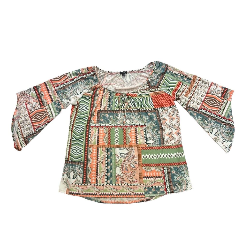 Tacera Shirt Womens 1X Green Orange Paisley Geometric Lightweight Boho Hippie